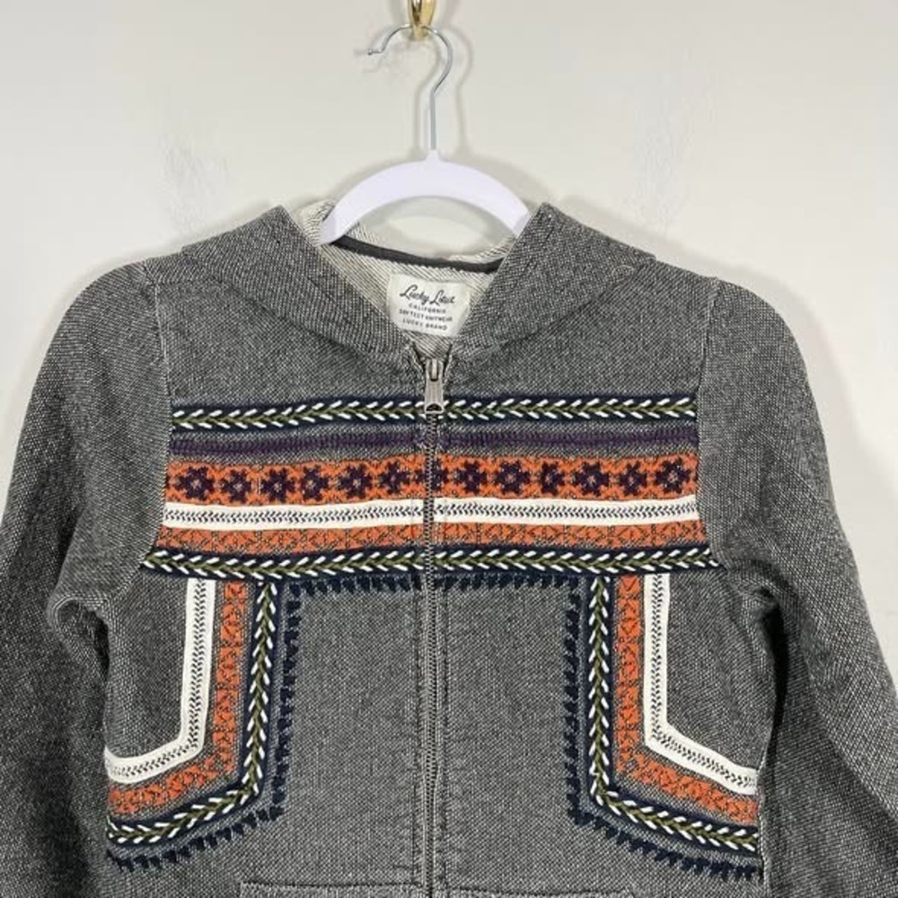 Lucky Lotus Hoodie Womens Medium Gray Sweatshirt Aztec Embroidered Boho Zip - Picture 2 of 8